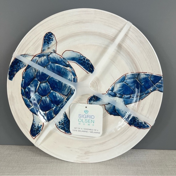 Sigrid Olsen Melamine Dinner Plates Sea Turtles Blue Tan Beach Set of 4 NEW - Picture 1 of 4